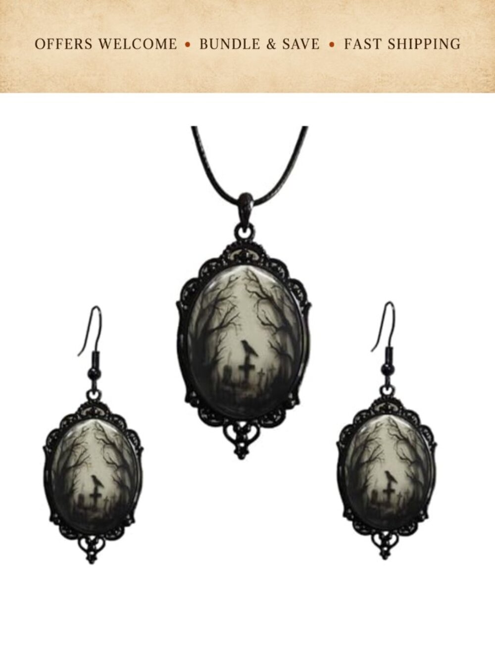 Gothic Raven Glass Earrings Necklace Set Halloween Witch Cosplay Jewelry